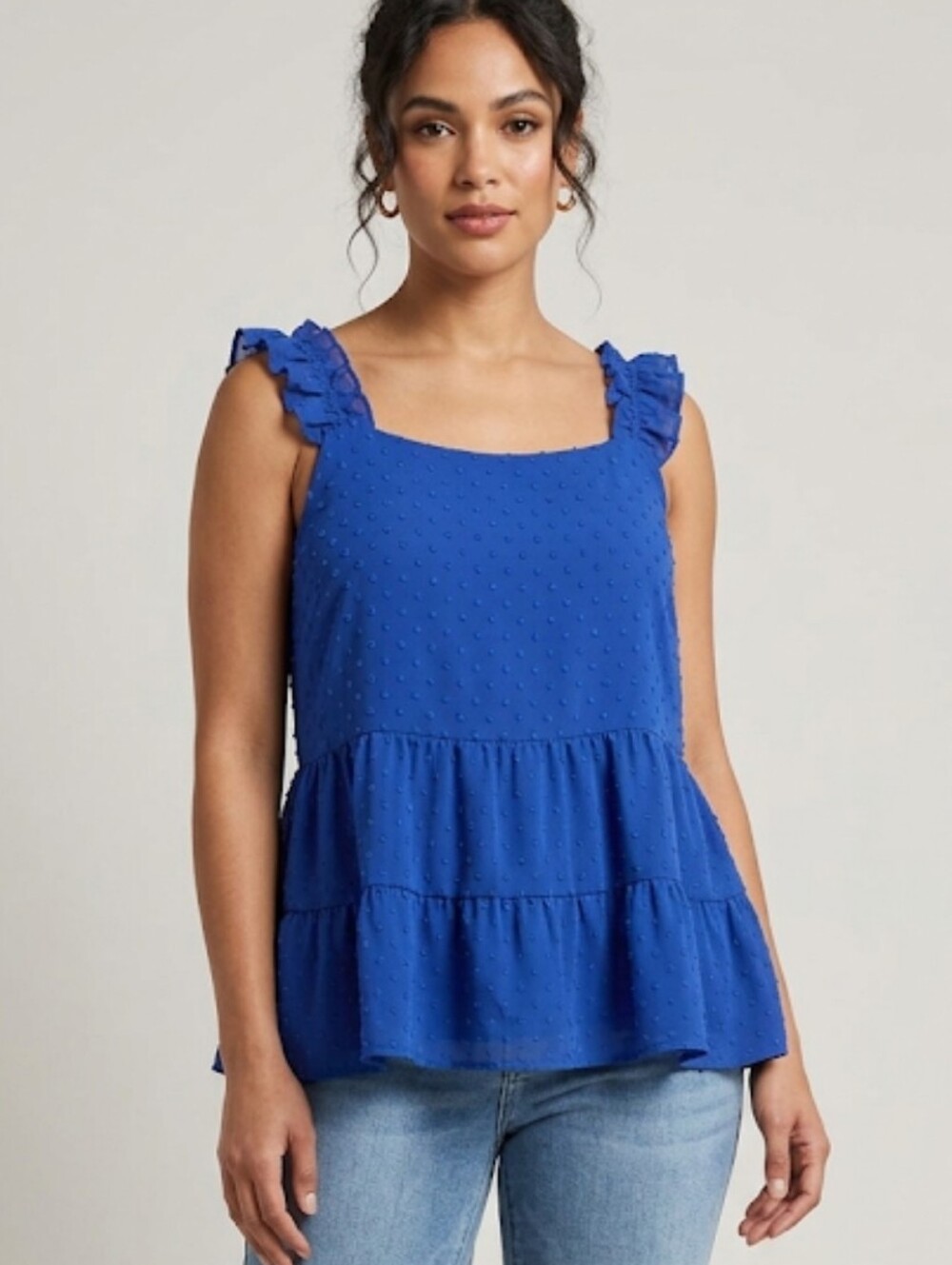 -Lisa Robertson swiss dot ruffle sleeve peplum bottom lined cobalt popover top